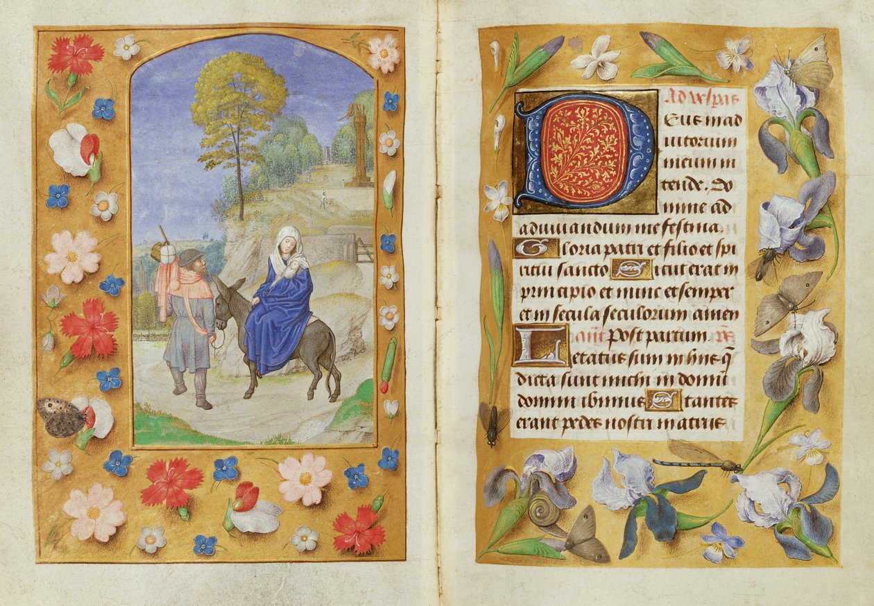 Tilføj 54782 f.131v-132 The Flight into Egypt, from the Hastings Hours, c.1475-83 (vellum) af Flemish School