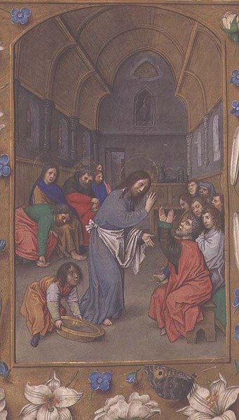 Yderligere 54782, f.265v: Kristus vasker disciplenes fødder, fra Hastings Hours, c.1475-83 (vellum) af Flemish School