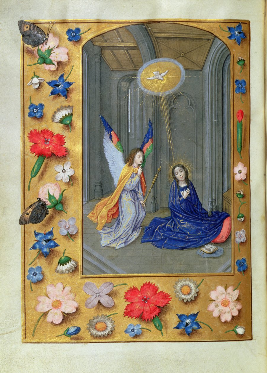 Yderligere 54782, f.73v: Bebudelse, fra Hastings-timerne, c.1475-83 (vellum) af Flemish School