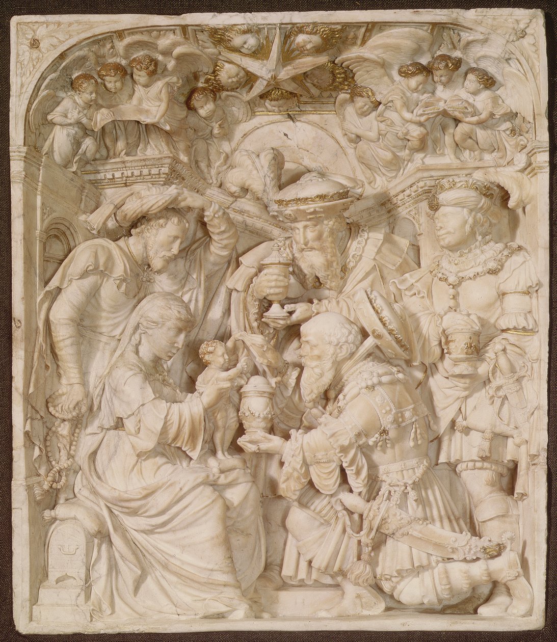 Tilbedelse af Magi, alabast og malet forgyldt relief, flamsk, indskrevet 
