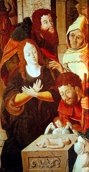 Tilbedelse af hyrderne, detalje af en triptykon, ca. 1530 af Flemish School