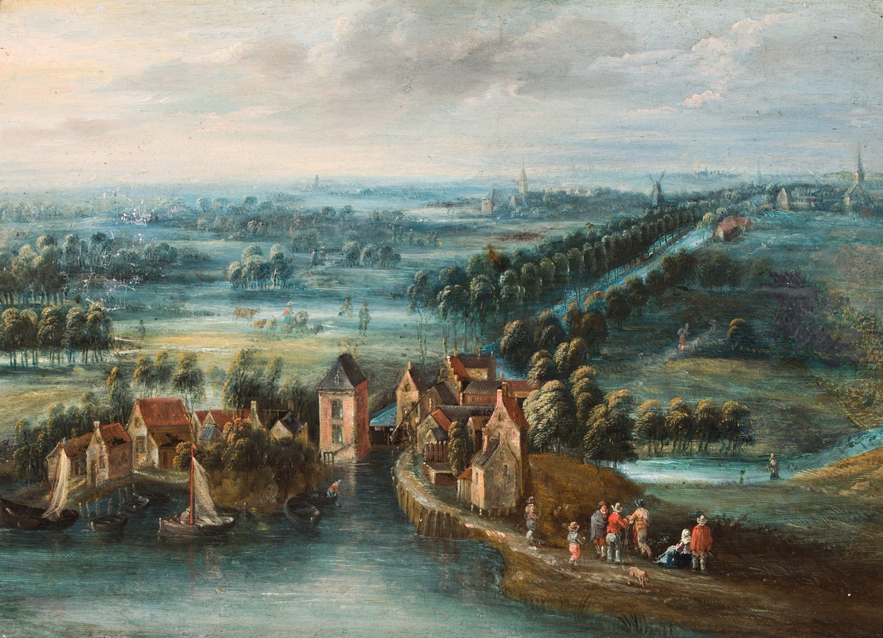 Et stort landskab med en landsby ved en flod og figurer i forgrunden. af Flemish School