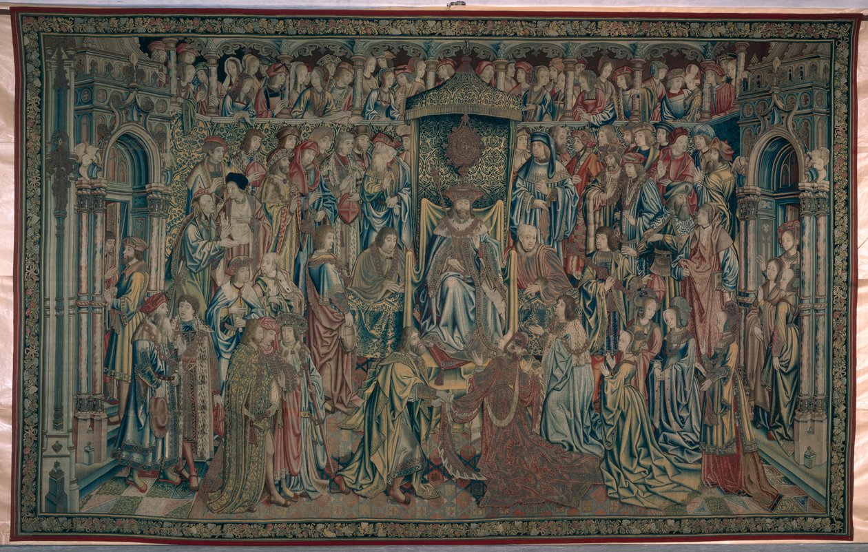 Bathsheba modtaget ved hoffet, Davids og Bathshebas billedtæppe, ca. 1510-15 af Flemish School