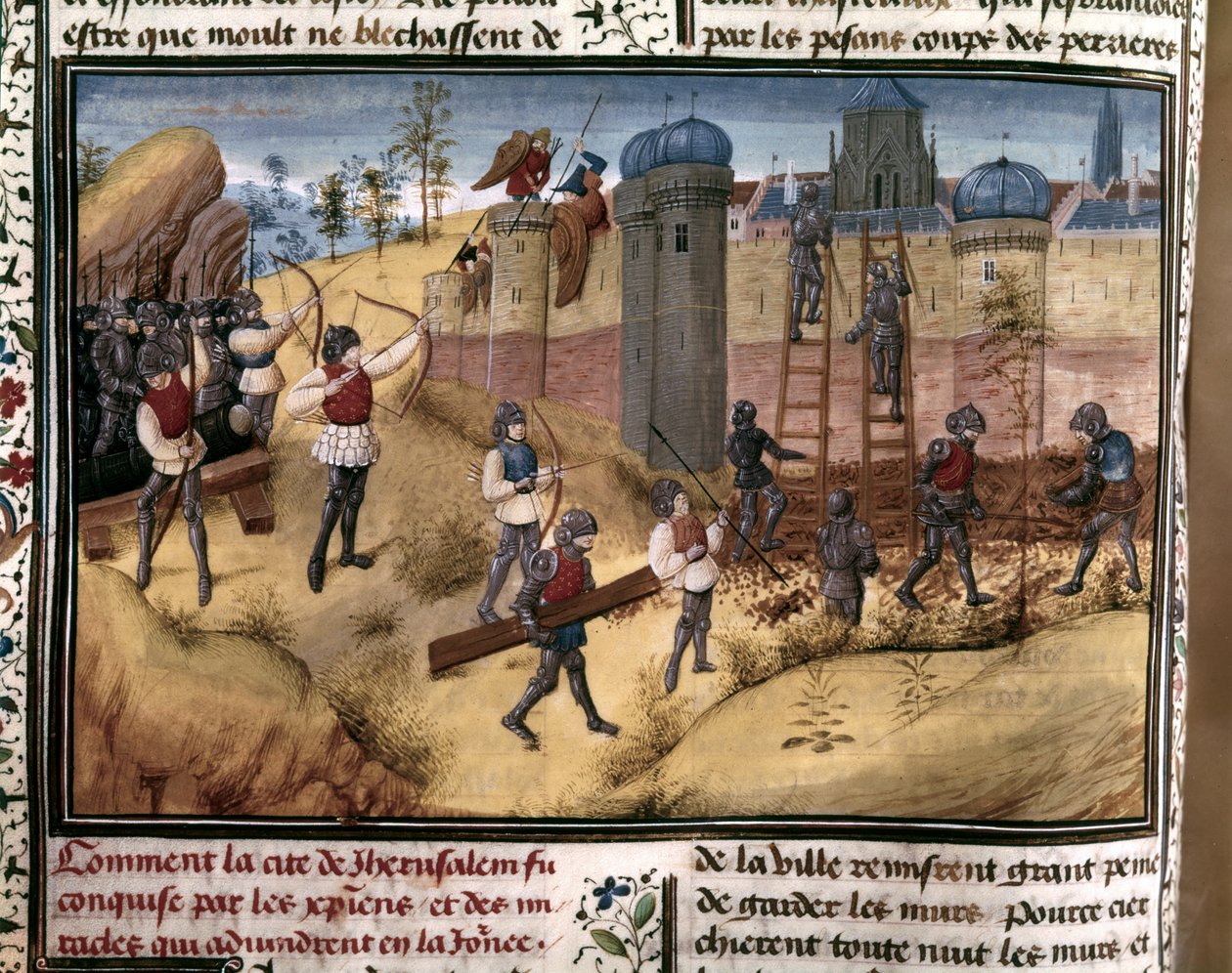 KRUSADES: "Korsfarerne bestiger Jerusalems mure". Fra "Histoire des Cr... af Flemish School