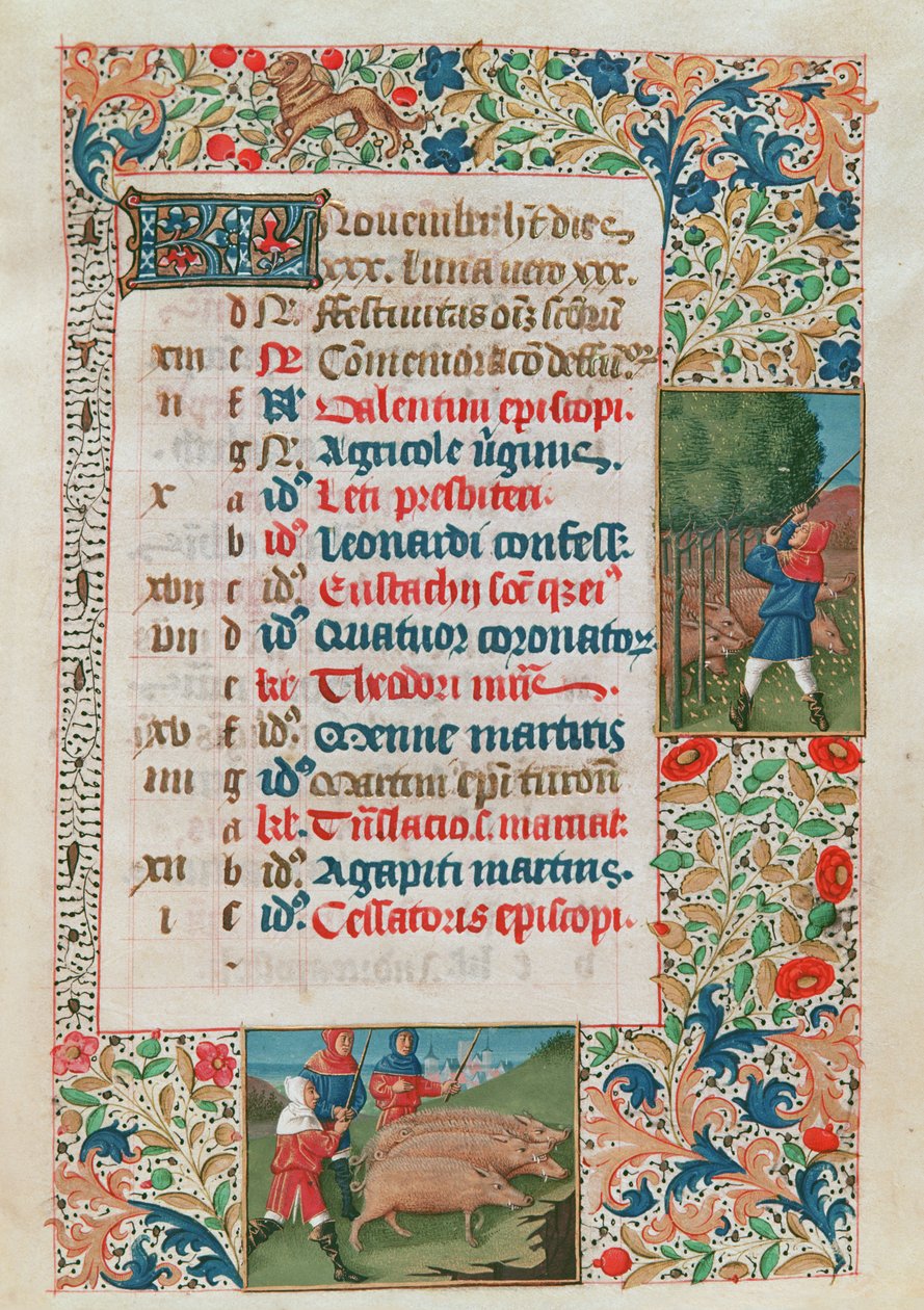 Kalender, der viser november, agern og svineflokke af Flemish School