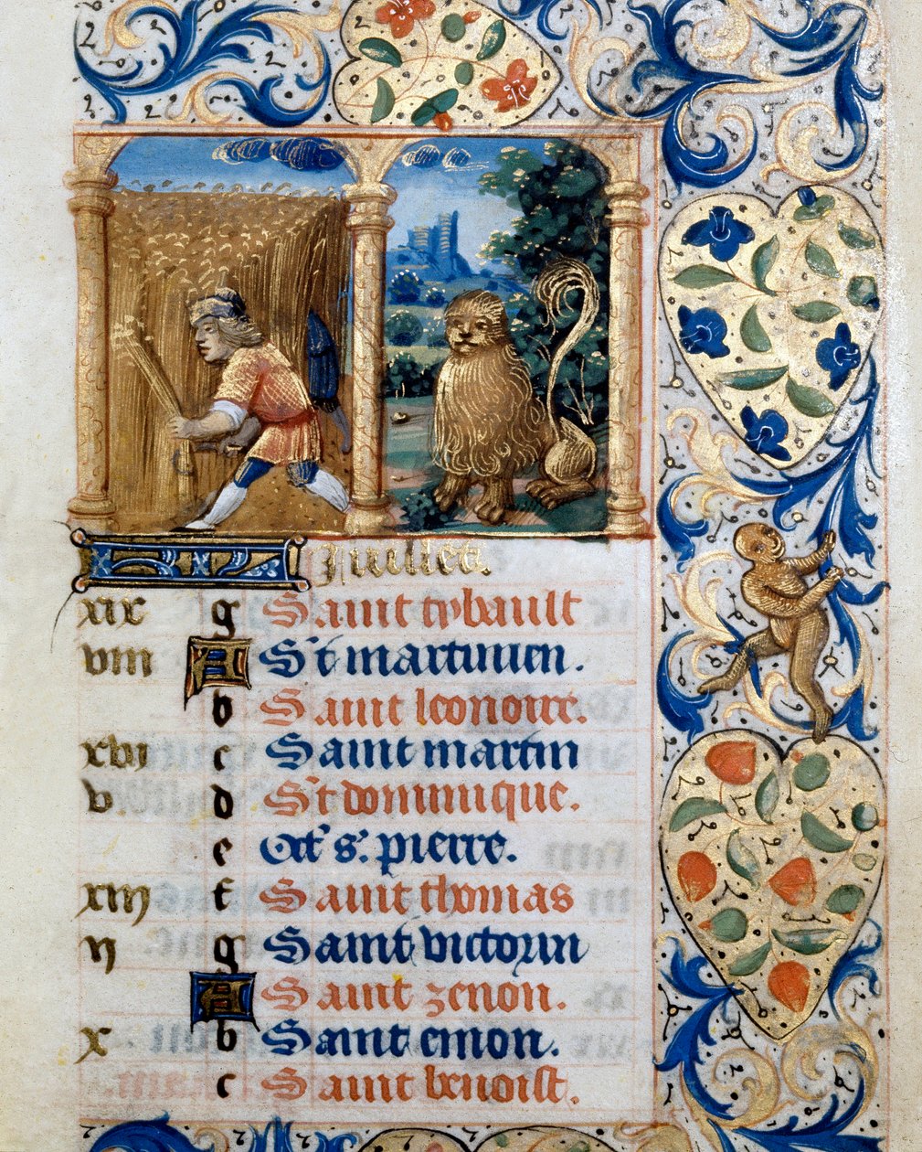 Kalender, juli måned, en bonde i en hvedemark og løvens tegn. Side taget fra en timebog ms. 47, oplyst af den flamske skole. Badia de 