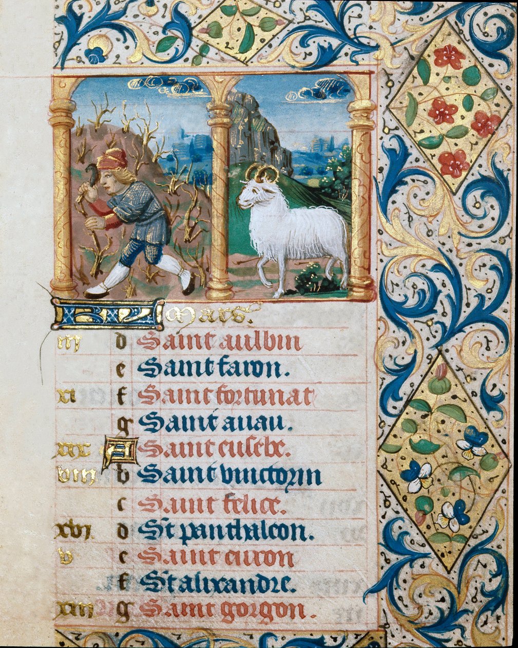 Kalender, marts måned, en sående bonde og belieren. Side taget fra en timebog ms. 47, oplyst af den flamske skole. Badia di 