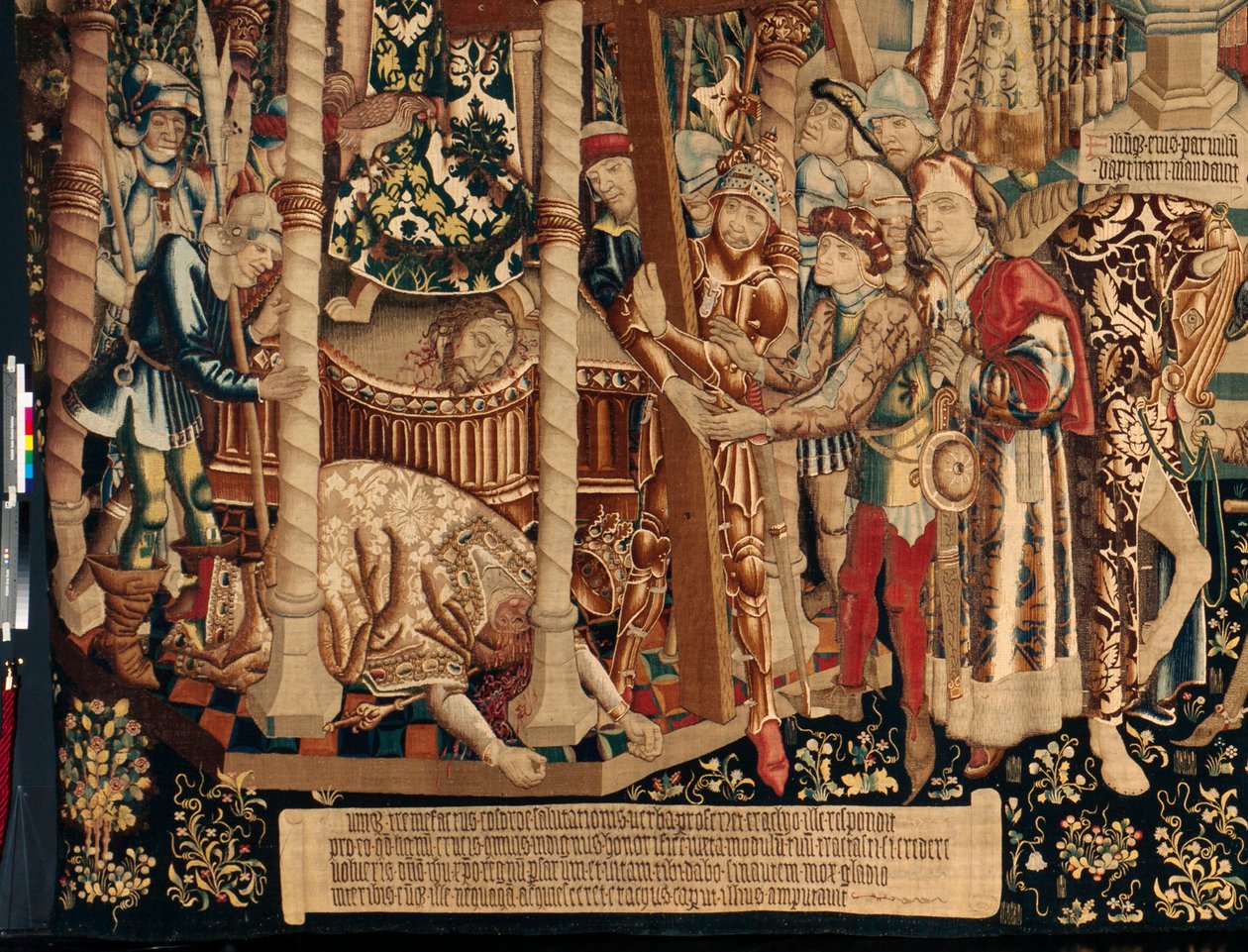 Katedralen (The Seo. Ca tedraal of the Savior of Zaragoza). Gobelinmuseet. flamsk gobelin. Legenden om det hellige kors (Legenden om det hellige kors, om legenden om det hellige kors). Detalje. Ca. 1450. 430x1120cm. af Flemish School
