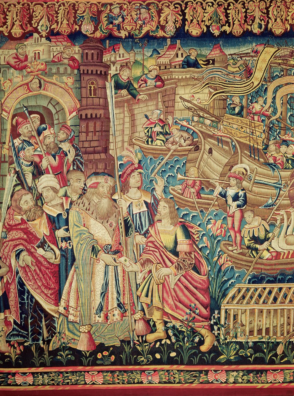 Central detalje af Vasco da Gamas ankomst i Calicut (tæppe) af Flemish School