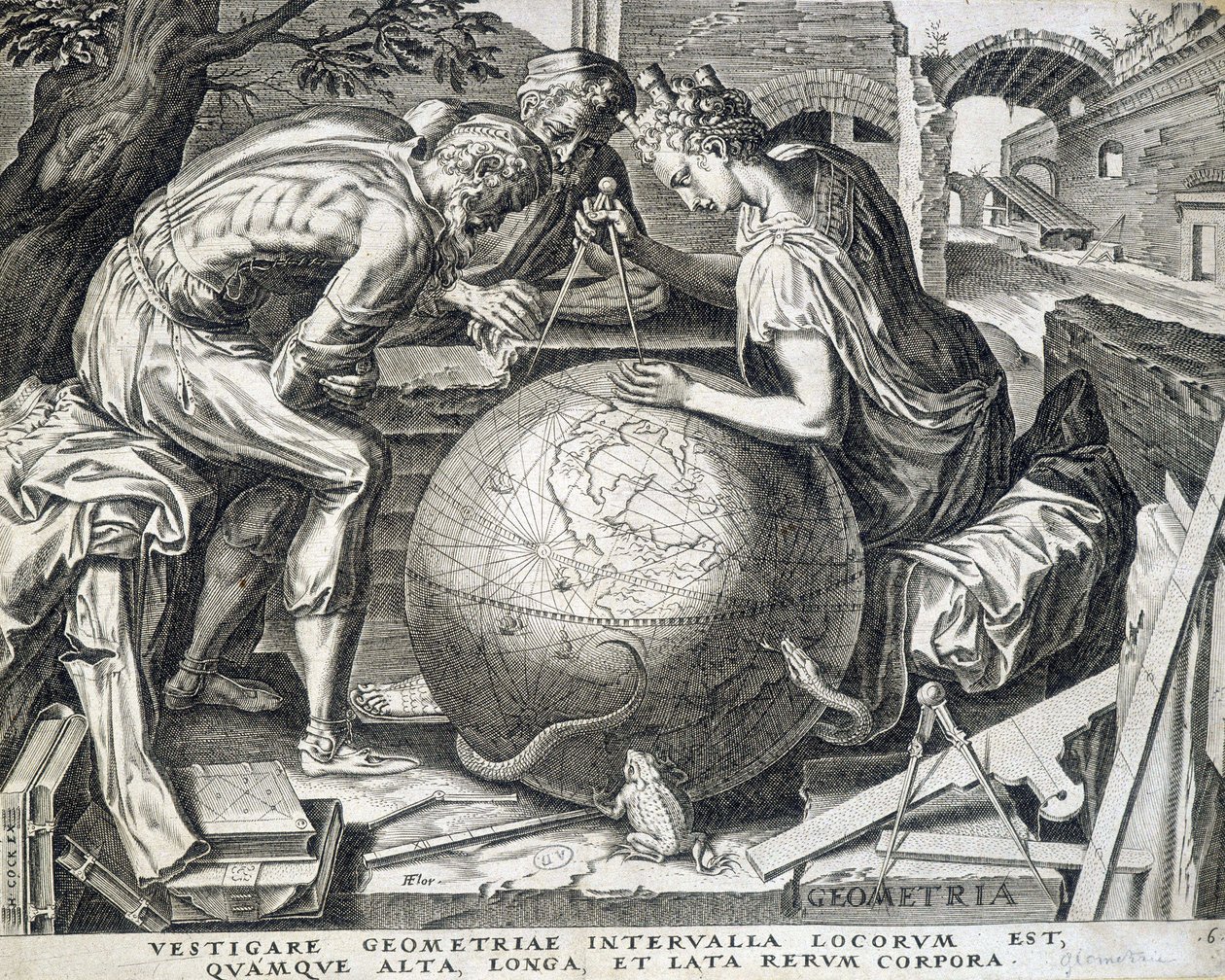 Karakterer, der læner sig over kloden med comppas (allegori for geometri) - gravering, Flandern af Flemish School