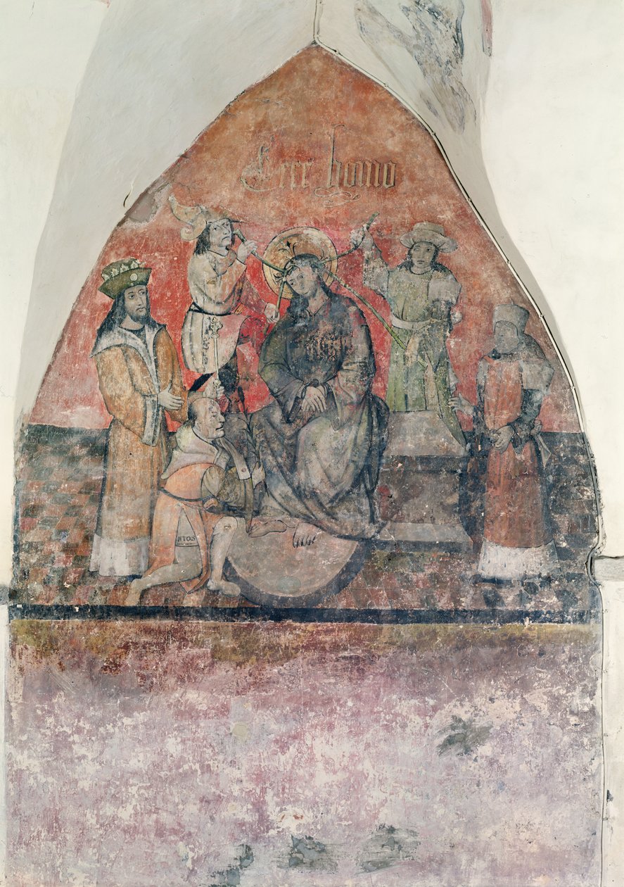 Kristus bliver kronet med tornekronen, vægmaleri i krypten, ca. 1480-1540 af Flemish School