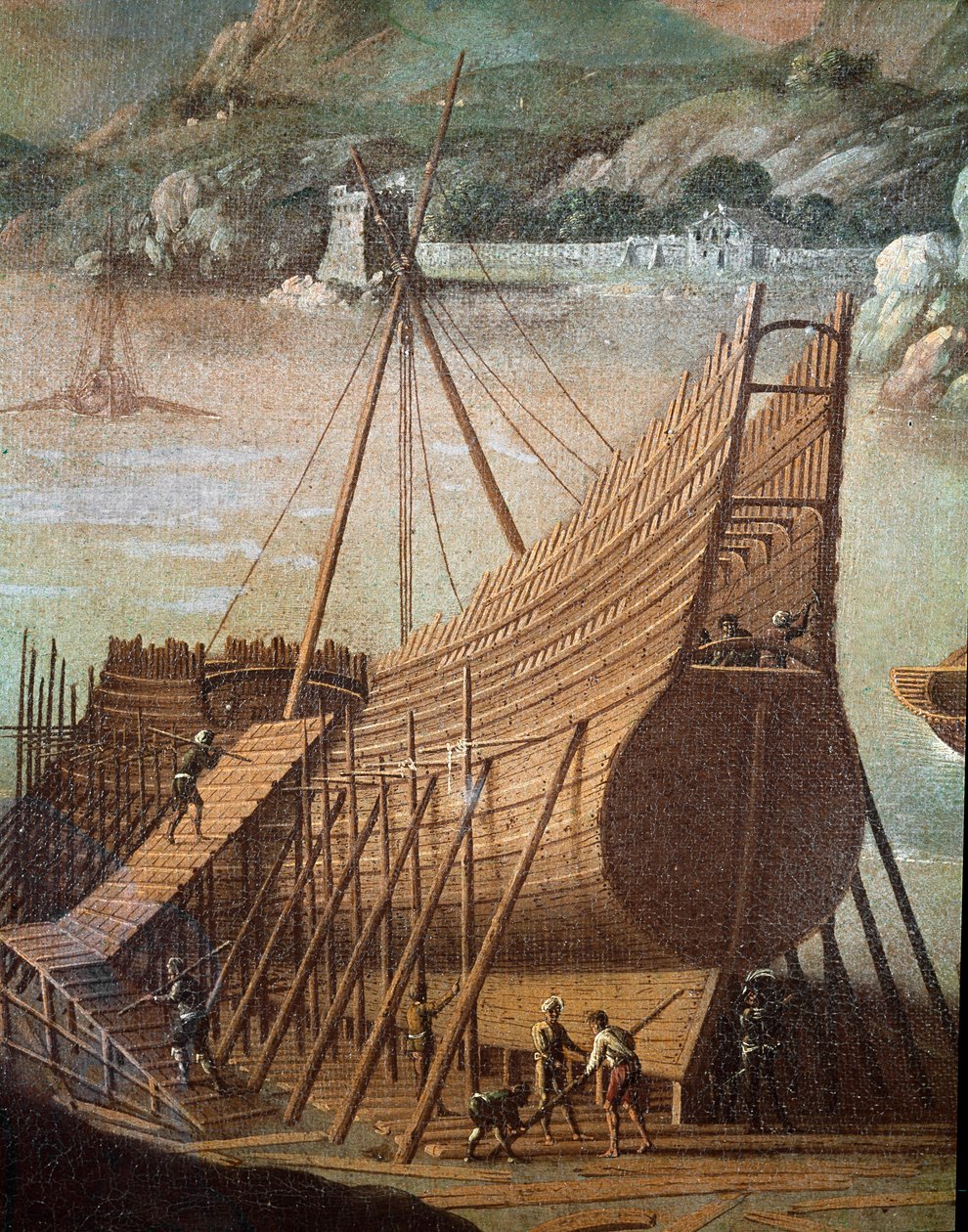 Konstruktion af en galjon på et skibsværft i Genova (Detaljer. Maleri af Flemish School