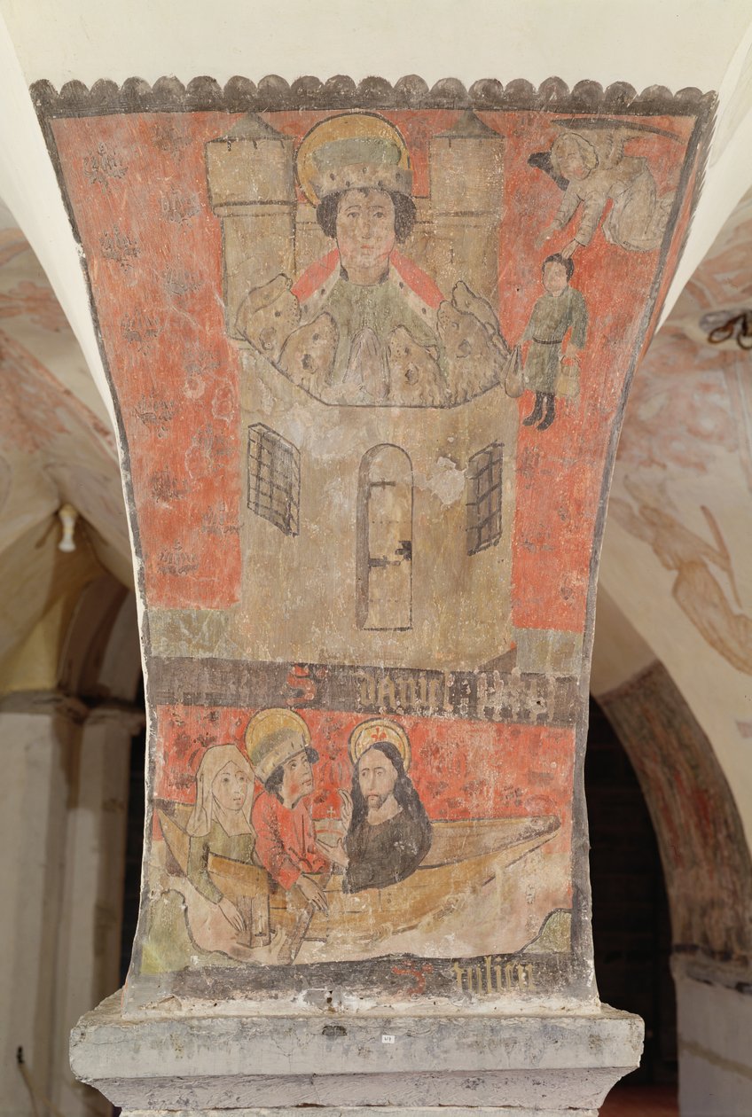Daniel i Løvehulen, med under St. Julian, hans kone og Jesus Kristus, vægmaleri fra krypten, ca. 1480-1540 af Flemish School