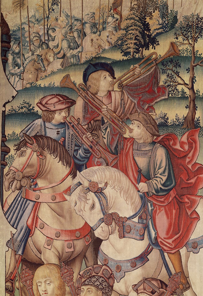 Detalje af trompetister til hest, fra Davids og Batsebas billedtæppe, 1510-15 af Flemish School