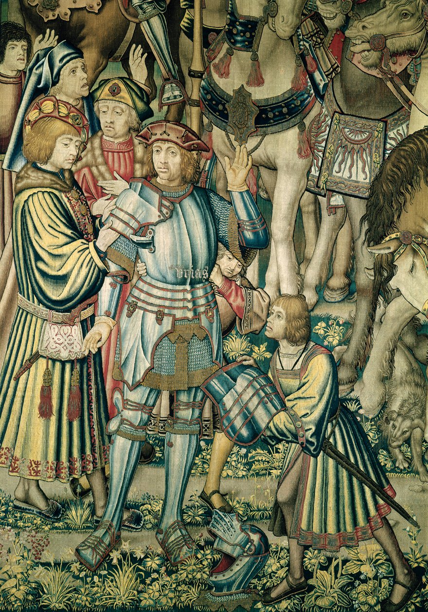 Detalje af hetitten Uriah, der er bevæbnet fra Samling af Rytterne, fra Davids og Batsebas billedtæppe, ca. 1510-15 (se også 98092) af Flemish School
