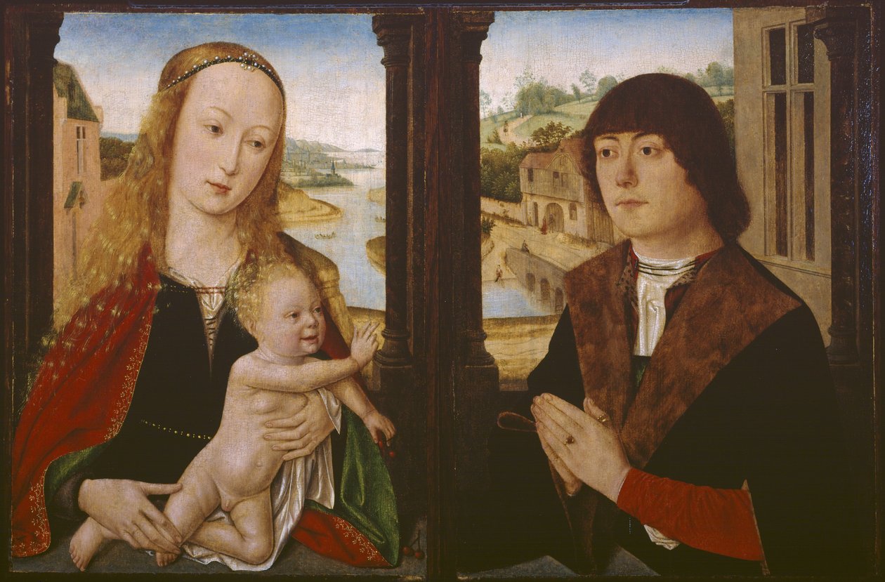 Diptykon - Jomfru og barn og en donor, ca. 1490-1500 af Flemish School