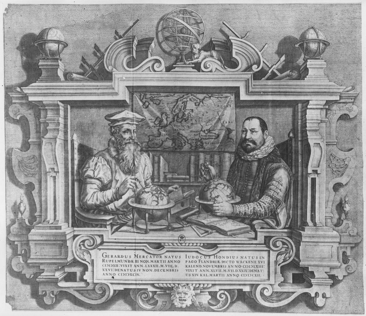 Dobbeltportræt af Gerard Mercator (1512-94) og Jodocus Hondius (1563-1612) indgraveret til optagelse i Mercator og Hondius serie af atlas, 1619 (se også 10457 og 30866 af Flemish School