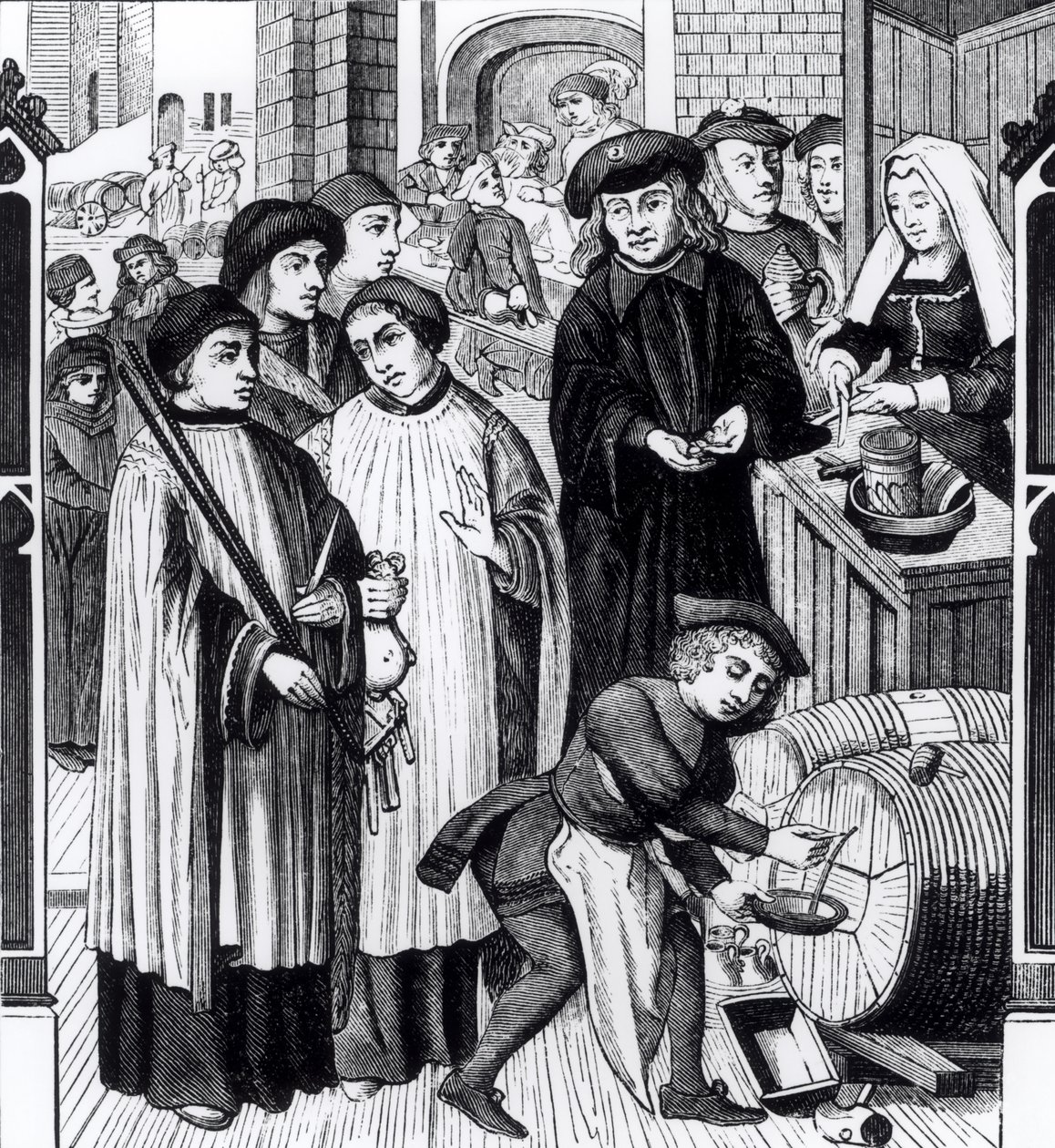 Afgifter på vine, givet til kapitlet i Tournai af kong Chilperic, efter et vindue i katedralen i Tournai af Flemish School