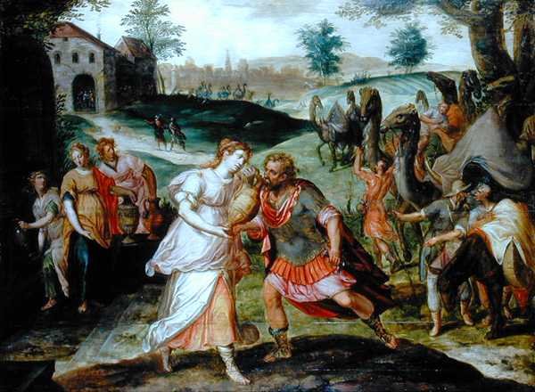 Eliezer og Rebecca ved brønden, ca. 1580 (olie på panel) af Flemish School