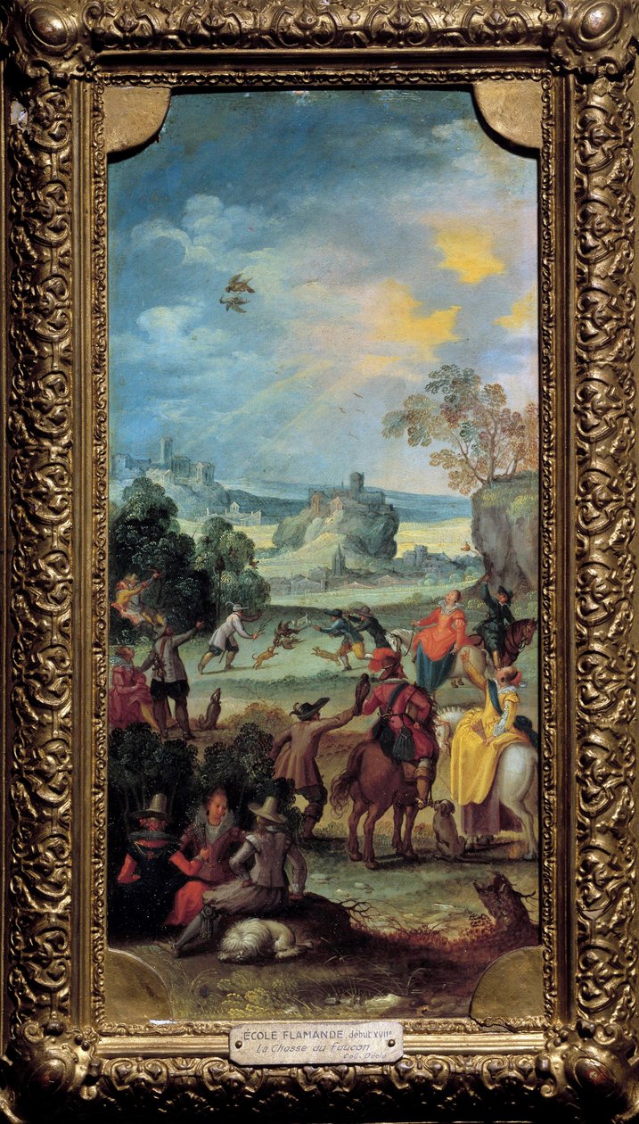 Falkejagt Scenejagt og hvile på landet. Maleri af den flamske skole. Begyndelsen af det 17. århundrede. Dijon, Museum of Fine Arts af Flemish School