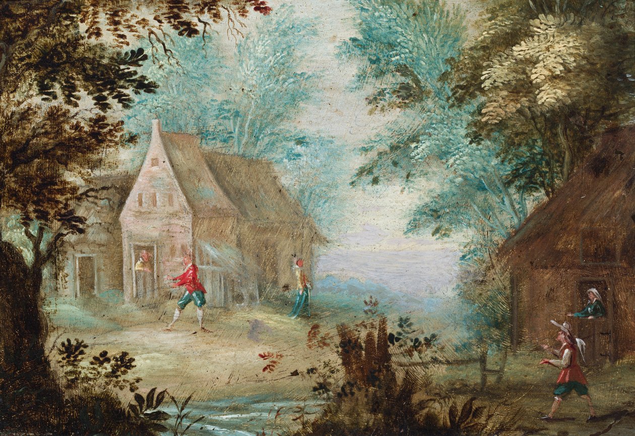 Figurer nær hytter i en skovbevokset lysning af Flemish School