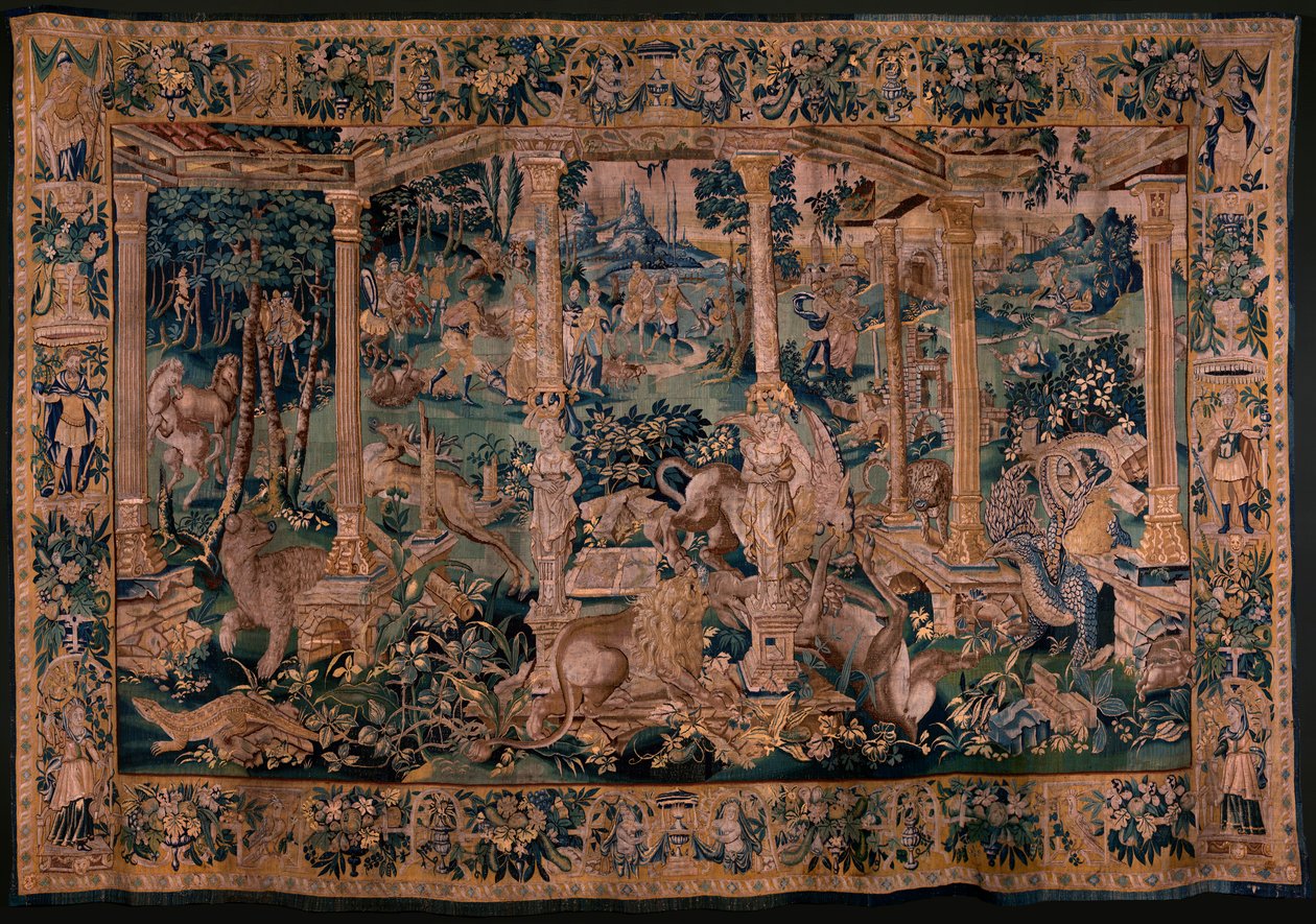 flamsk gobelin. Landskab med pergola og store dyr. Udførelse med omfattende pergola. Atelier af Oudenaarde. 340x498 cm. Inv 00023. 1600-tallet. af Flemish School