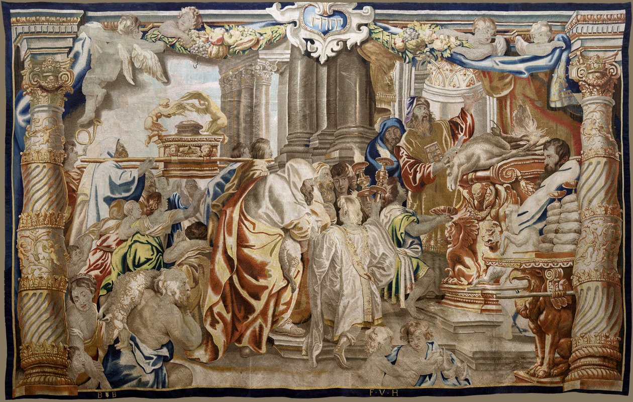 flamsk gobelin. Serie Apoteose af eukaristien. Offer af mosaisk lov (Sacrificio de la Ley Mosaica). Model Cartoon kopieret fra en original af Rubens. Bruxelles fremstilling. Fremstillet af Frans van den Hecke. Midten af det 17. århundrede. Stof Silke og ul af Flemish School