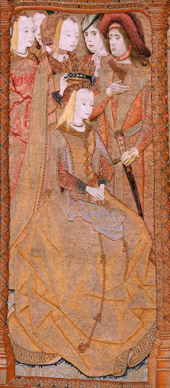 flamsk gobelin. Serie Devotion of Our Lady eller Gyldne klæder. Jomfruens kroning (La Coronación de la Virgen). Fjerde gobelin i serien. Modeltegner fra Colyn de Coters kreds. Fremstilling Pieter van Aelst, Bruxelles. Ca 1500-15 af Flemish School