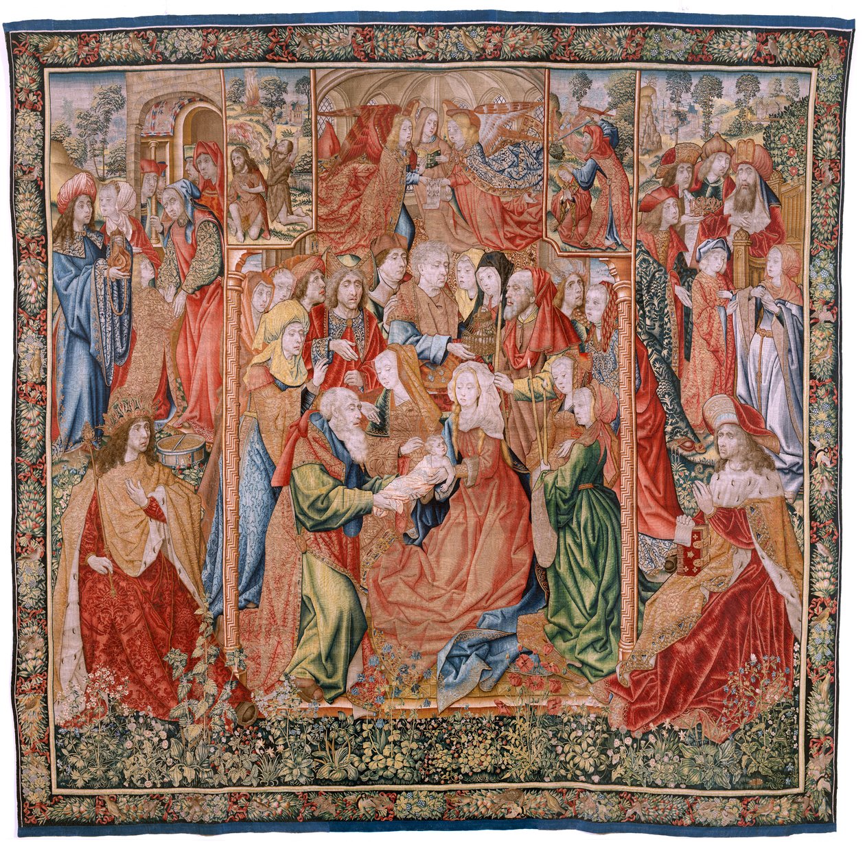 flamsk gobelin. Serie Episoder fra Jomfruens liv; Præsentation ved templet (Presentación en el Templo). Andet gobelin i serien. Modeller tilskrevet Jan van Roome (eller van Brussel). Fremstilling Pieter van Aelst, Bruxelles. Ca 1502-1504. af Flemish School