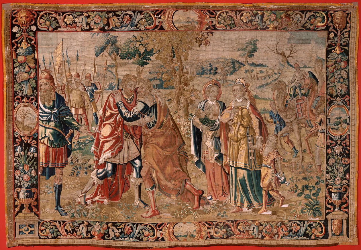 flamsk gobelin. Serie Esau og . Møde mellem Jakob og Esau (Encuentro entre Jacob y Esaú). Tredje gobelin i serien. Fremstilling Holland, anden halvdel af det 16. århundrede. Stof Uld. Placering Saint Nicholas of Bari Kirke (museet åbnet af Flemish School