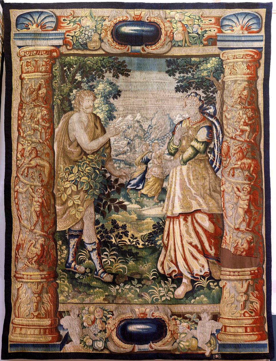 flamsk gobelin. Serie Gallantry (Galante). Galant scene (Escena galante). Fremstilling Bruxelles, begyndelsen af det 17. århundrede. Stof Silke og uld, 5/6 kæder pr. cm. Størrelse 348 x 263 cm. Placering San Millán de la Cogolla kirke, Oncala (Soria). Opri af Flemish School