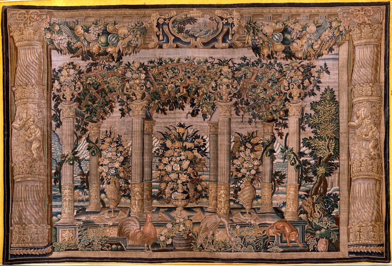 flamsk gobelin. Serier Gallerier med dyr eller Galleries of espaliers (Galleries with animals eller Galleries of espaliers 10). Anden i serien. Silke og uld. 17. århundrede. af Flemish School