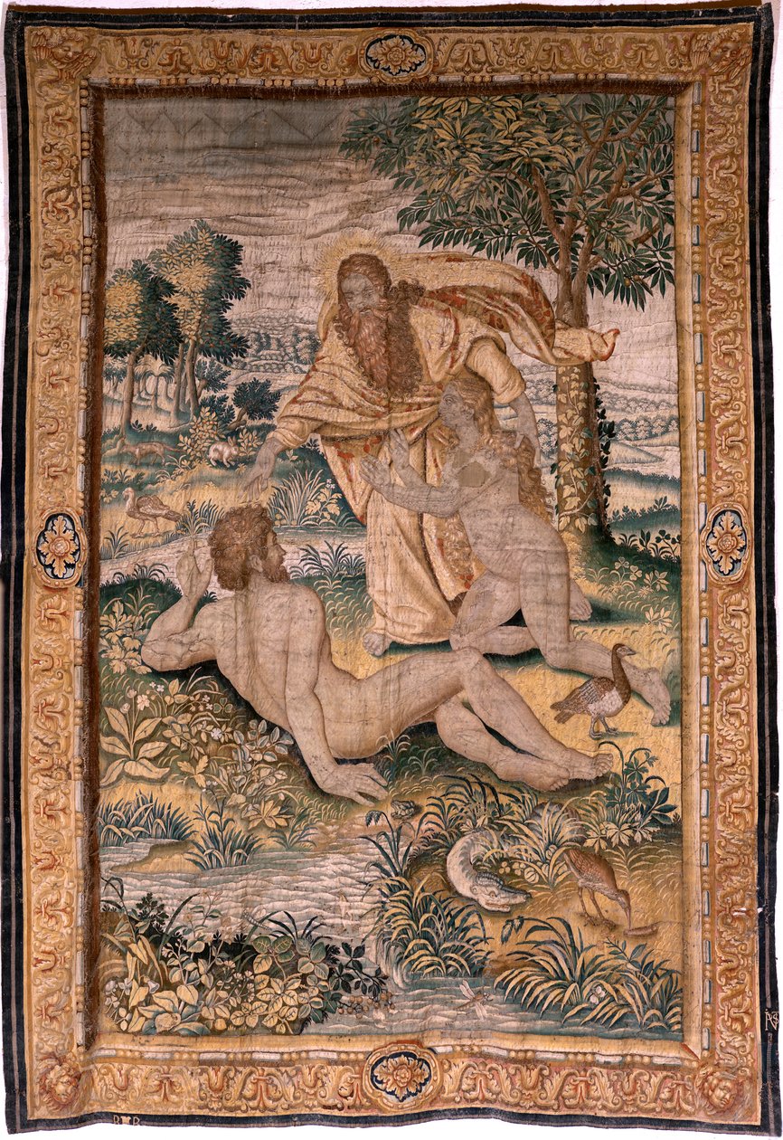flamsk gobelin. Serien Genesis eller The Creation Man. Gud skaber kvinden og introducerer hende for Adam (Dios crea a la mujer y la presenta a Adán). Model baseret på Michiel Coxcie. Fremstilling af Jan Aerst i Bruxelles. Ca 1630. Stof Silke og uld. af Flemish School