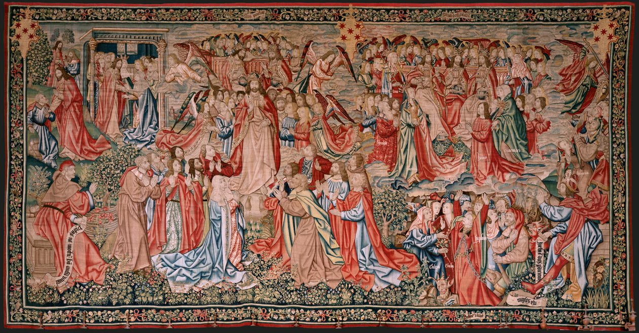 flamsk gobelin. Serien Menneskelig forløsning eller laster og dyder. Kristus stiger op til himlen, og mennesket bliver forløst for Gud (Cristo asciende al Cielo y el Hombre se redime ante Dios). Niende gobelin i serien (fjerde af dem, der opbevares i Palen af Flemish School