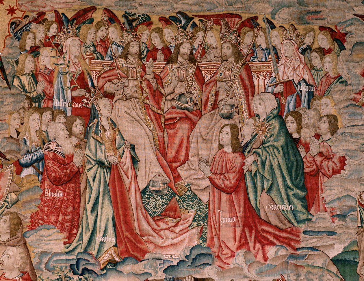 flamsk gobelin. Serien Menneskelig forløsning eller laster og dyder. Kristus stiger op til himlen, og mennesket bliver forløst for Gud (Cristo asciende al Cielo y el Hombre se redime ante Dios). Niende gobelin i serien (fjerde af dem, der opbevares i Palen af Flemish School