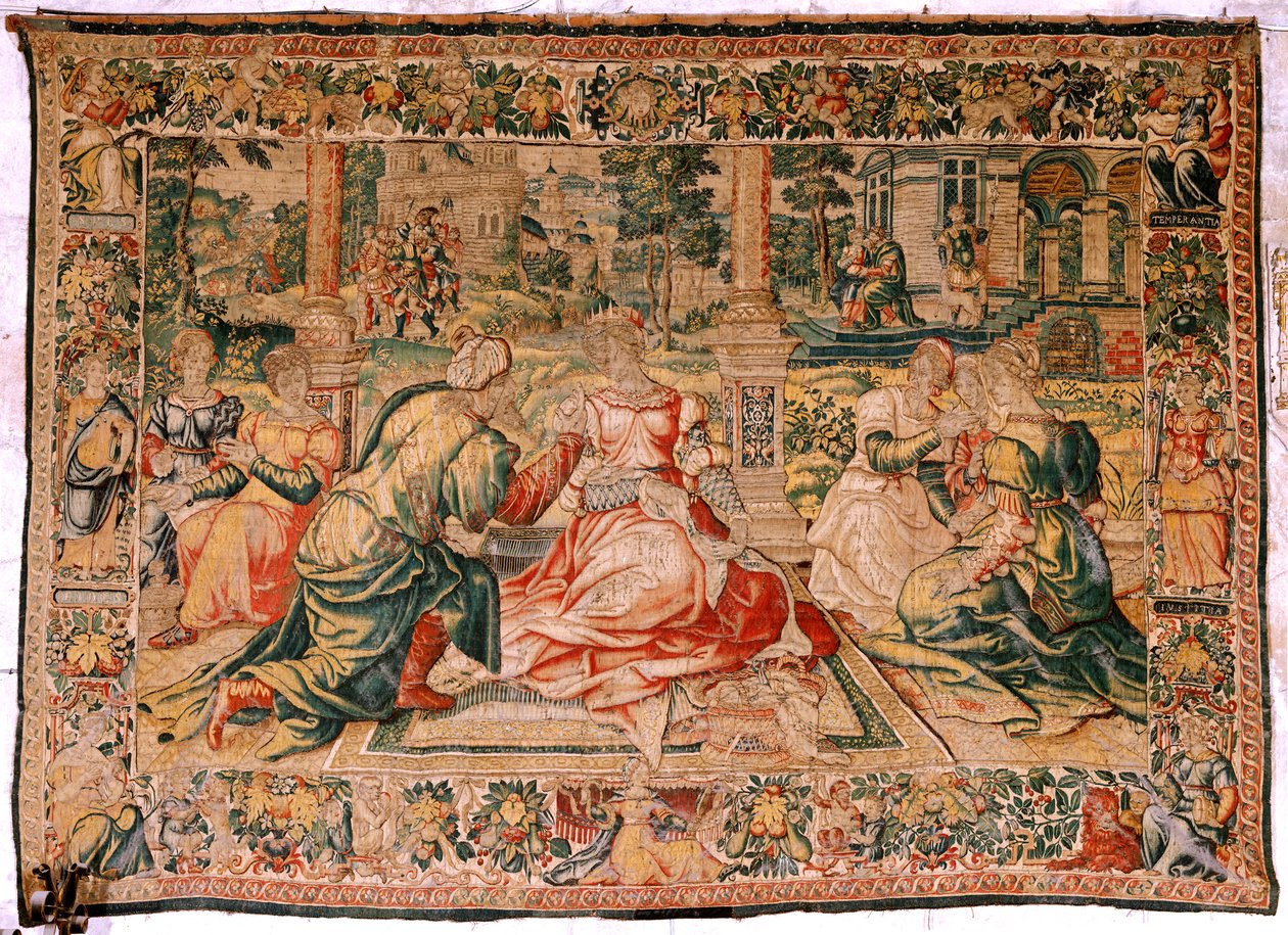 flamsk gobelin. Serien Mark Anthony og Cleopatra. Cleopatra og hendes hof (Cleopatra en su corte). Modeltegnefilm tilskrevet Pieter Coecke van Aelst. Fremstilling Bruxelles(?). Anden halvdel af 1500-tallet. Stof Silke og uld. Størrelse 310 x 435 cm. Oprind af Flemish School