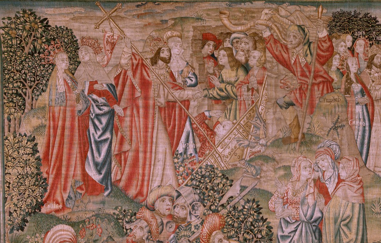 flamsk gobelin. Serien Menneskets forløsning eller laster og dyder. Kristi opstandelse (Resurrección de Cristo). Ottende gobelin i serien (det første af dem, der opbevares i Burgos). Fremstilling Bruxelles. Ca 1510. Stof Silke og uld, 7 kædegarn pr. cm. af Flemish School