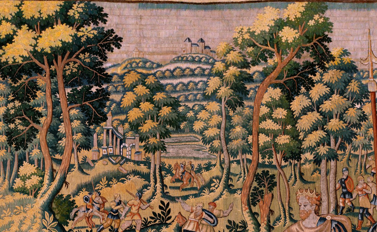 flamsk gobelin. Serien Story of Cyrus. No II Astyages genkender Cyrus (Ciro reconocido por Astiages). Anonym, baseret på Michiel Coxcie. Atelier Antwerpen. Silke og uld. Omkring 1590. af Flemish School