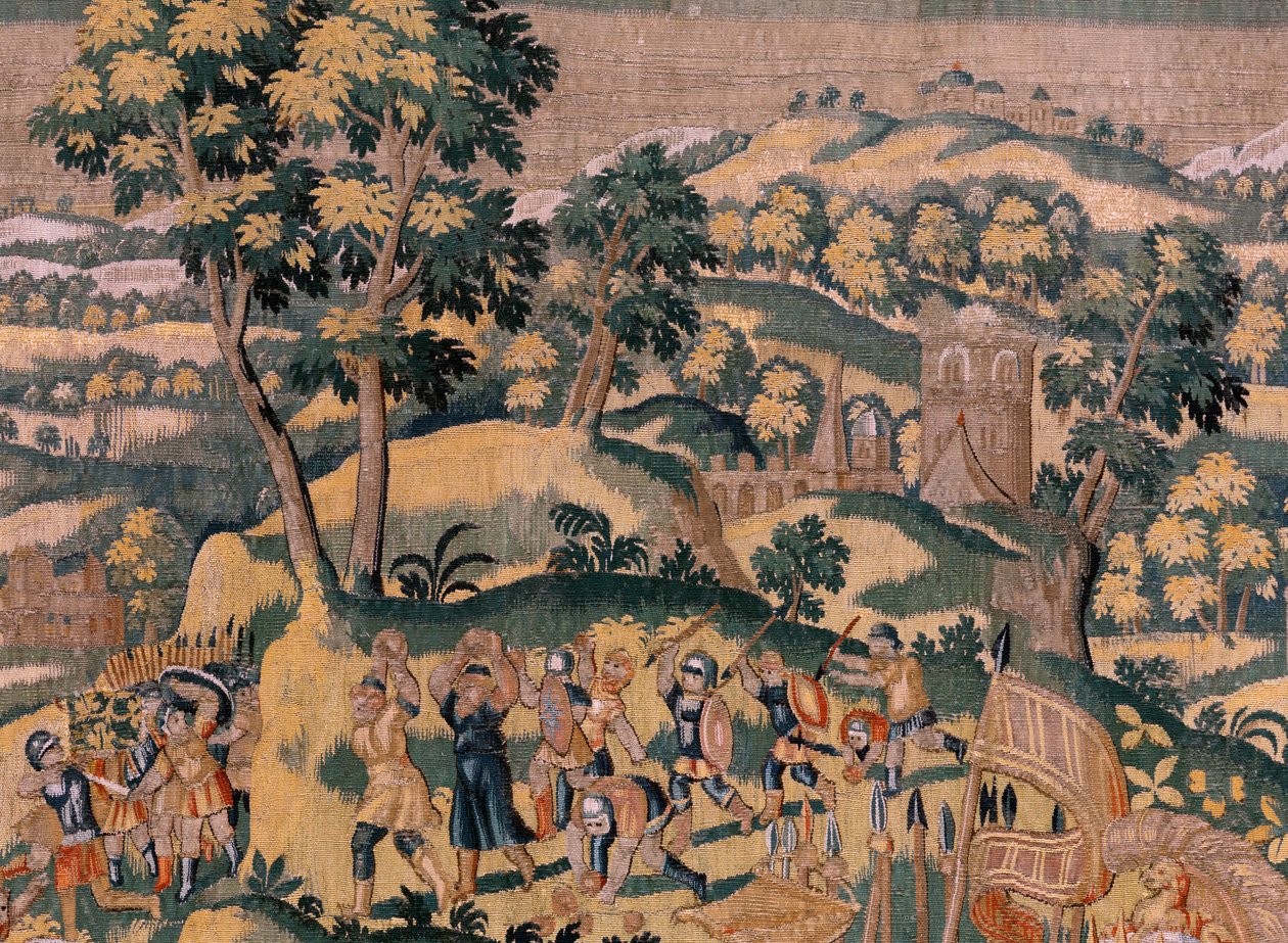 flamsk gobelin. Serien Story of Cyrus. No VI Tomyris beordrer Cyrus hoved til at blive dyppet i et blodkar (Tomiris manda sumergir la cabeza de Ciro en un recipiente lleno de sangre). Anonym, baseret på Michiel Coxcie. Atelier Antwerpen. Silke og woo af Flemish School