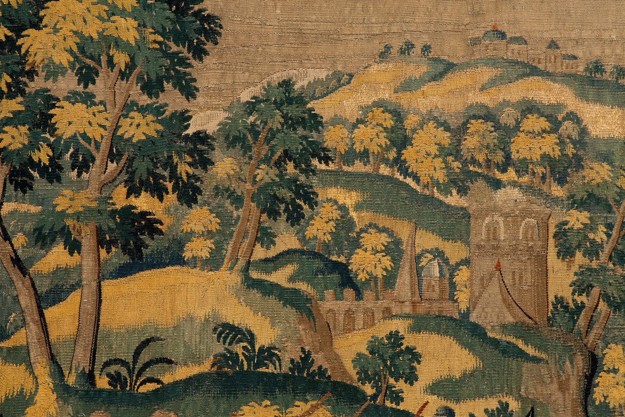 flamsk gobelin. Serien Story of Cyrus. No VI Tomyris beordrer Cyrus hoved til at blive dyppet i et blodkar (Tomiris manda sumergir la cabeza de Ciro en un recipiente lleno de sangre). Anonym, baseret på Michiel Coxcie. Atelier Antwerpen. Silke og woo af Flemish School