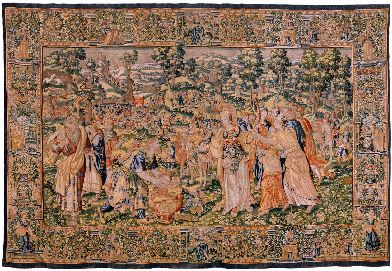 flamsk gobelin. Serien Story of Cyrus. No VI Tomyris beordrer Cyrus hoved til at blive dyppet i et blodkar (Tomiris manda sumergir la cabeza de Ciro en un recipiente lleno de sangre). Anonym, baseret på Michiel Coxcie. Atelier Antwerpen. Silke og woo af Flemish School