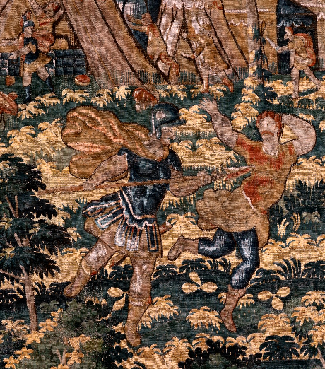 flamsk gobelin. Serien Story of Cyrus. Ingen V Kamp mellem to krigere og Cyrus død (Combate de dos guerreros y muerte de Ciro). Anonym, baseret på Michiel Coxcie. Atelier Antwerpen. Silke og uld. Omkring 1590. af Flemish School