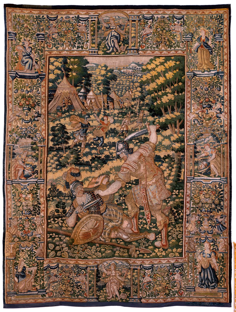 flamsk gobelin. Serien Story of Cyrus. Ingen V Kamp mellem to krigere og Cyrus død (Combate de dos guerreros y muerte de Ciro). Anonym, baseret på Michiel Coxcie. Atelier Antwerpen. Silke og uld. Omkring 1590. af Flemish School