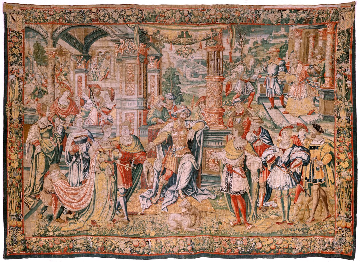 flamsk gobelin. Serien Story of David. David før Saul (David ante Saúl). Model af Bernard van Orley. Fremstilling Bruxelles. Ca1525. Stof Silke og uld. Størrelse 560 x 410 cm. Beliggenhed Burgos katedral. Oprindelse Et legat til katedralen i 1535 af Card af Flemish School