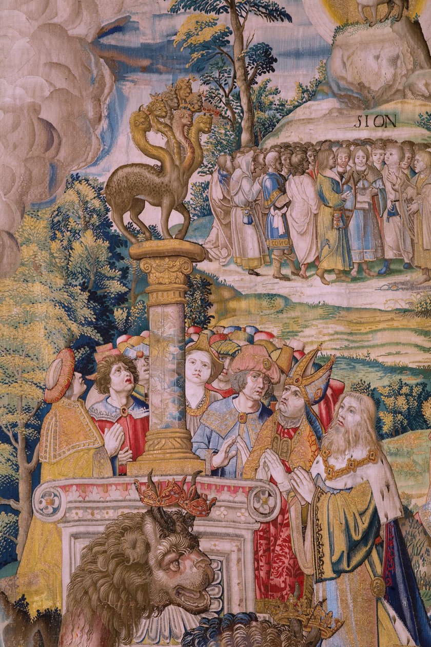 flamsk gobelin. Serie The Apocalypse: Saint Michael besejrer dragen. Atelier Willem Dermoyen, Bruxelles. Ca 1553-1555. Detalje. af Flemish School