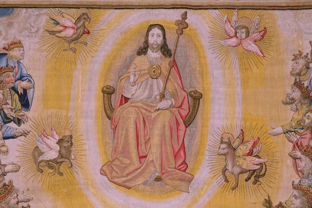 flamsk gobelin. Serie The Apocalypse: Saint Michael besejrer dragen. Atelier Willem Dermoyen, Bruxelles. Ca 1553-1555. Detalje. af Flemish School
