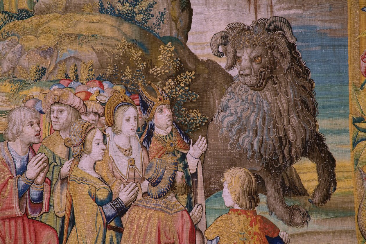 flamsk gobelin. Serie The Apocalypse: Saint Michael besejrer dragen. Atelier Willem Dermoyen, Bruxelles. Ca 1553-1555. Detalje. af Flemish School