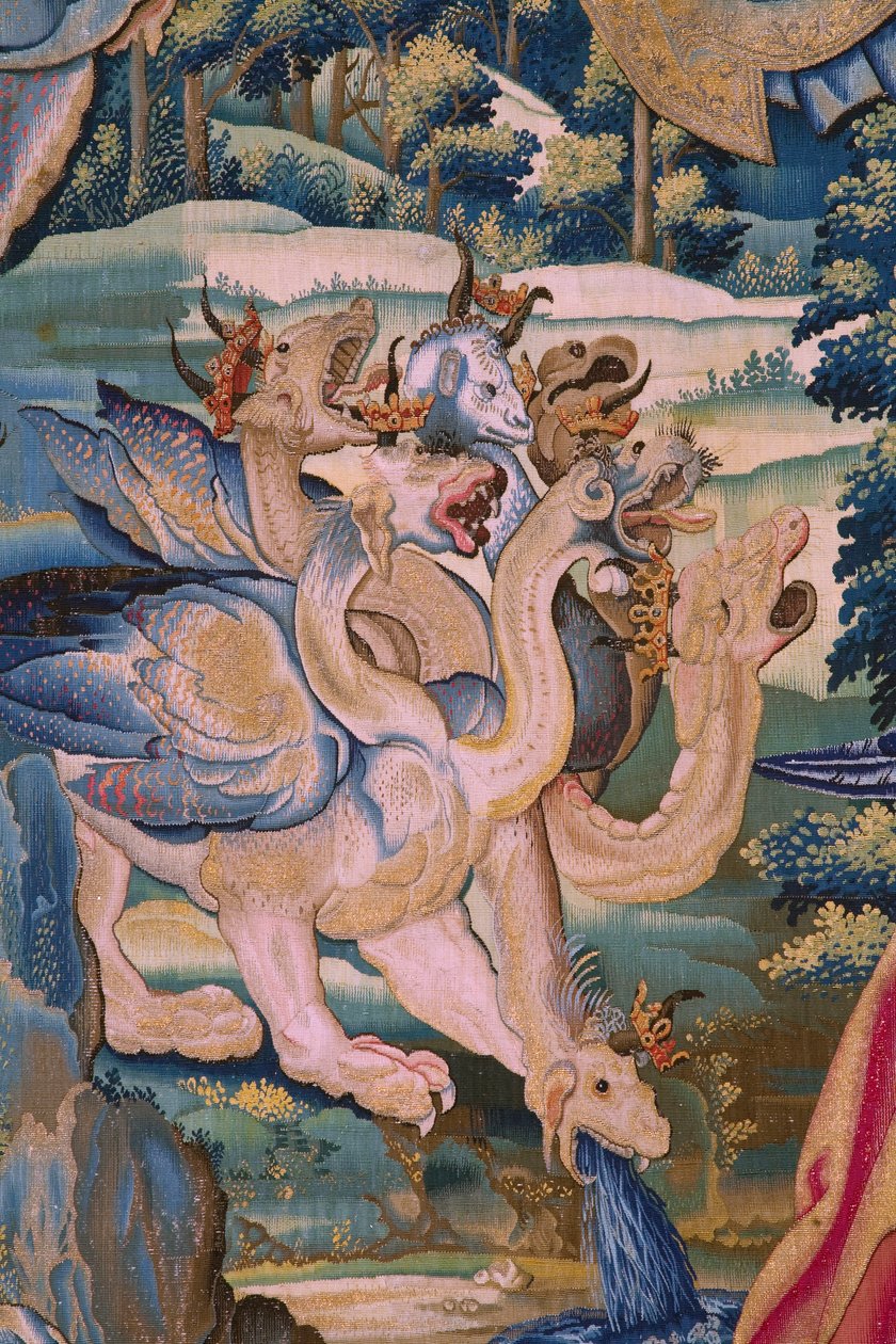 flamsk gobelin. Serie The Apocalypse: Saint Michael besejrer dragen. Atelier Willem Dermoyen, Bruxelles. Ca 1553-1555. Detalje. af Flemish School