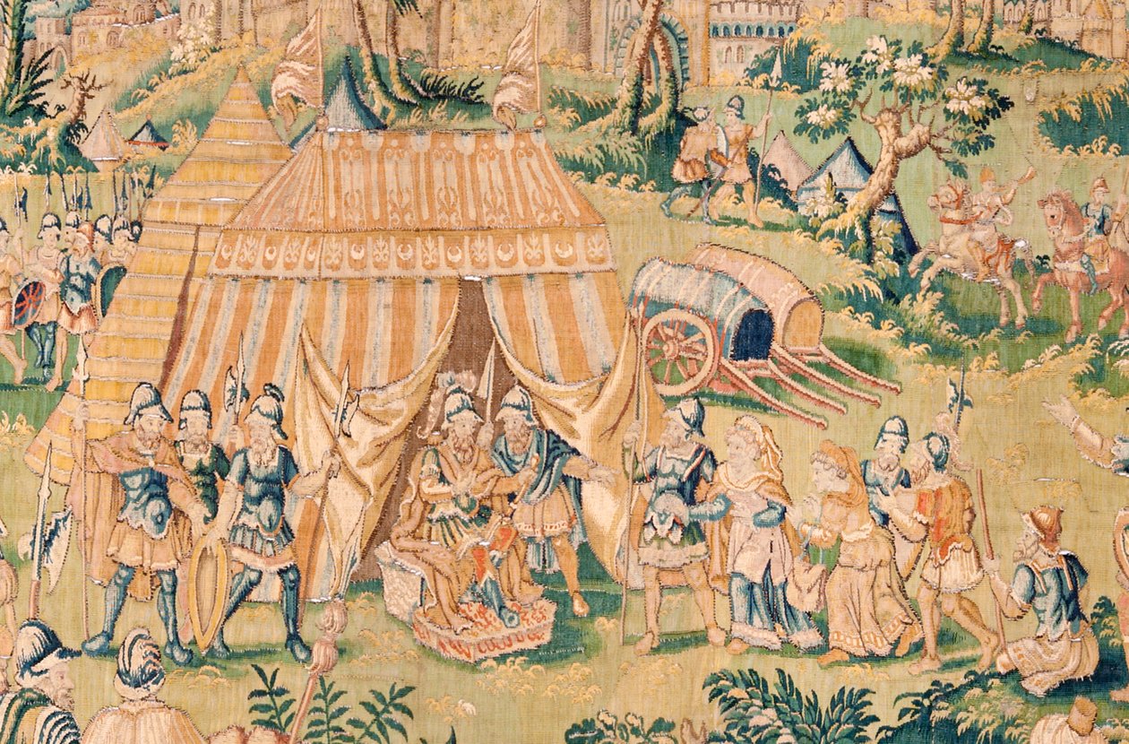 flamsk gobelin. Serien Judiths bog. Judith før Holofernes (Judith ante Holofernes). Femte gobelin i serien. Fremstilling Holland, Bruxelles(?). Anden halvdel af 1500-tallet. Stof Uld. Placering Saint Nicholas of Bari Kirke (mus af Flemish School