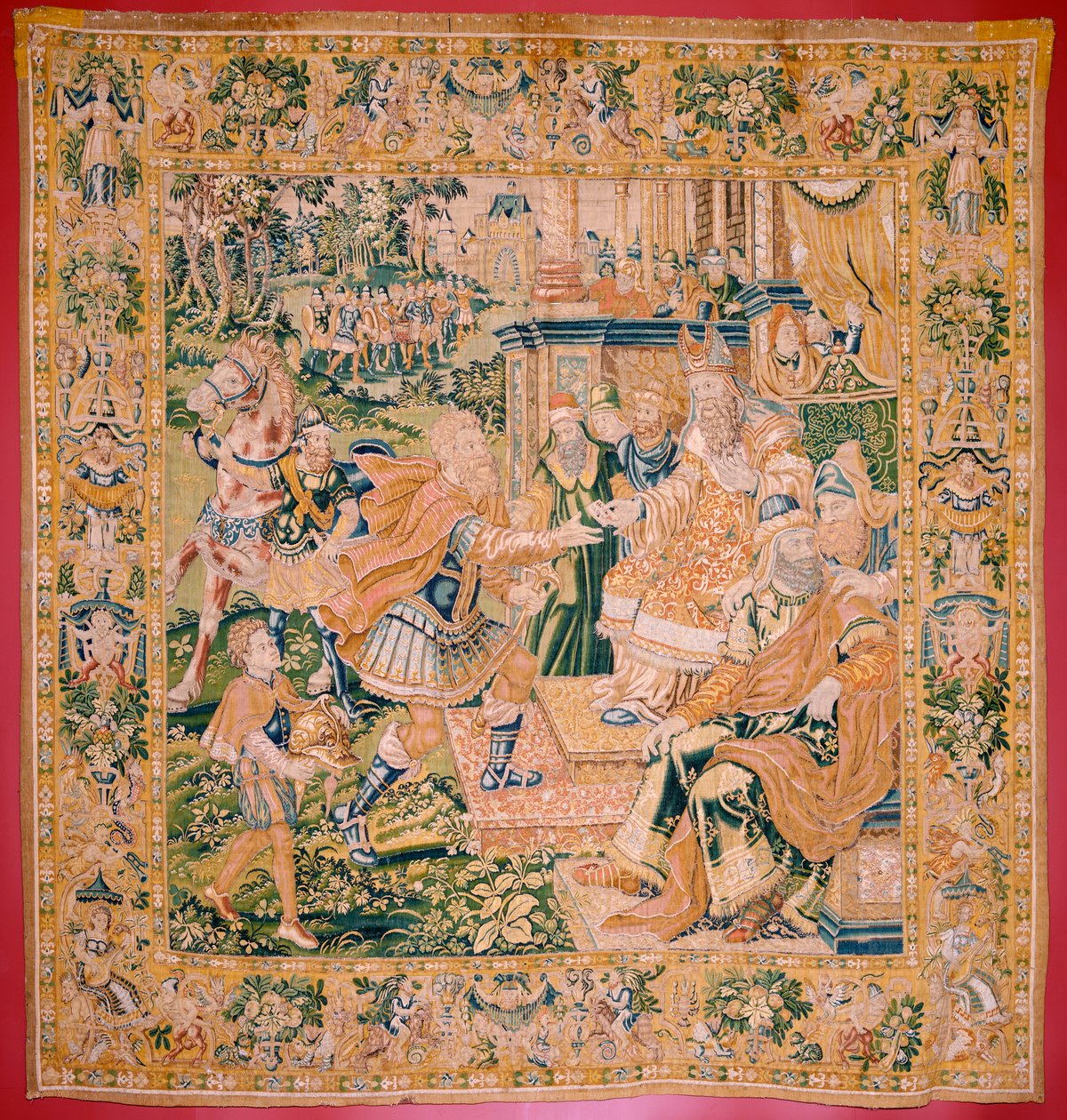 flamsk gobelin. Serien Judiths bog. Krig kommer til Juda (Llega la guerra a Judá). Fjerde gobelin i serien. Fremstilling Holland, Bruxelles(?). Anden halvdel af 1500-tallet. Stof Uld. Placering Saint Nicholas of Bari-kirken (museum o af Flemish School